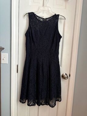 Gorgeous navy blue dress with lace overlay.  Size 12